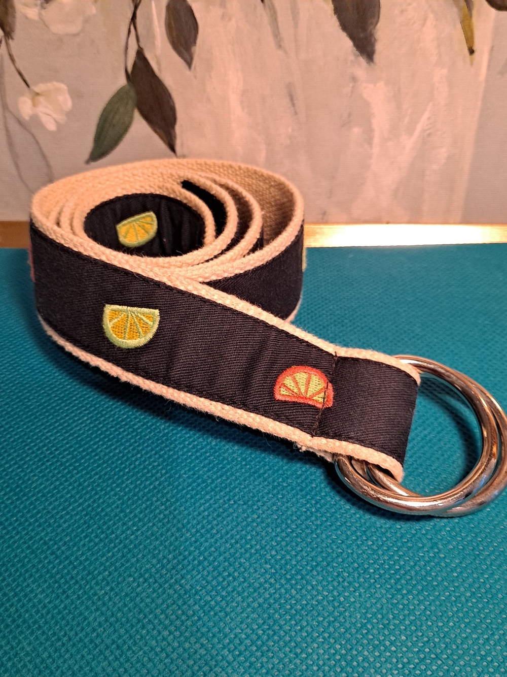 J. Crew Vintage Y2k Navy Fabric D-Ring Belt With Citrus Embroidery Tan Twill